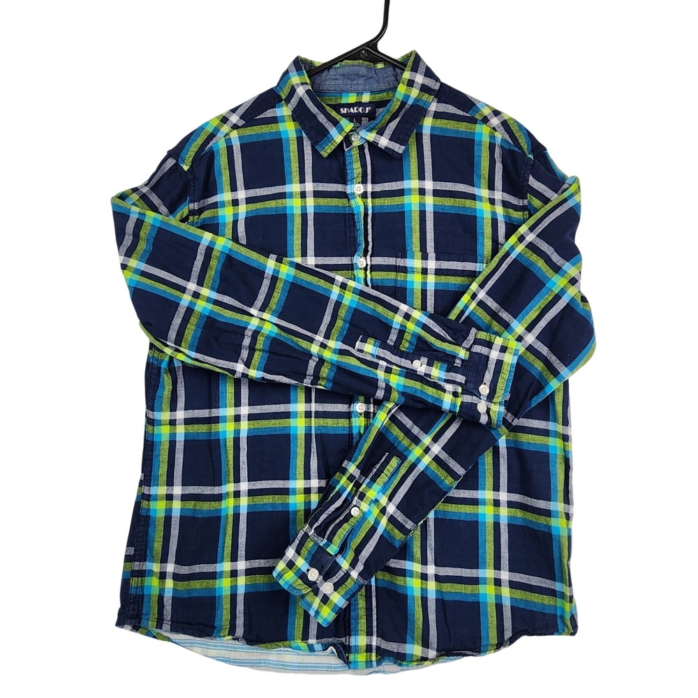 Sharoj Blue Green Plaid Button Down Shirt Women Large L Long Sleeve Cotton Indie
